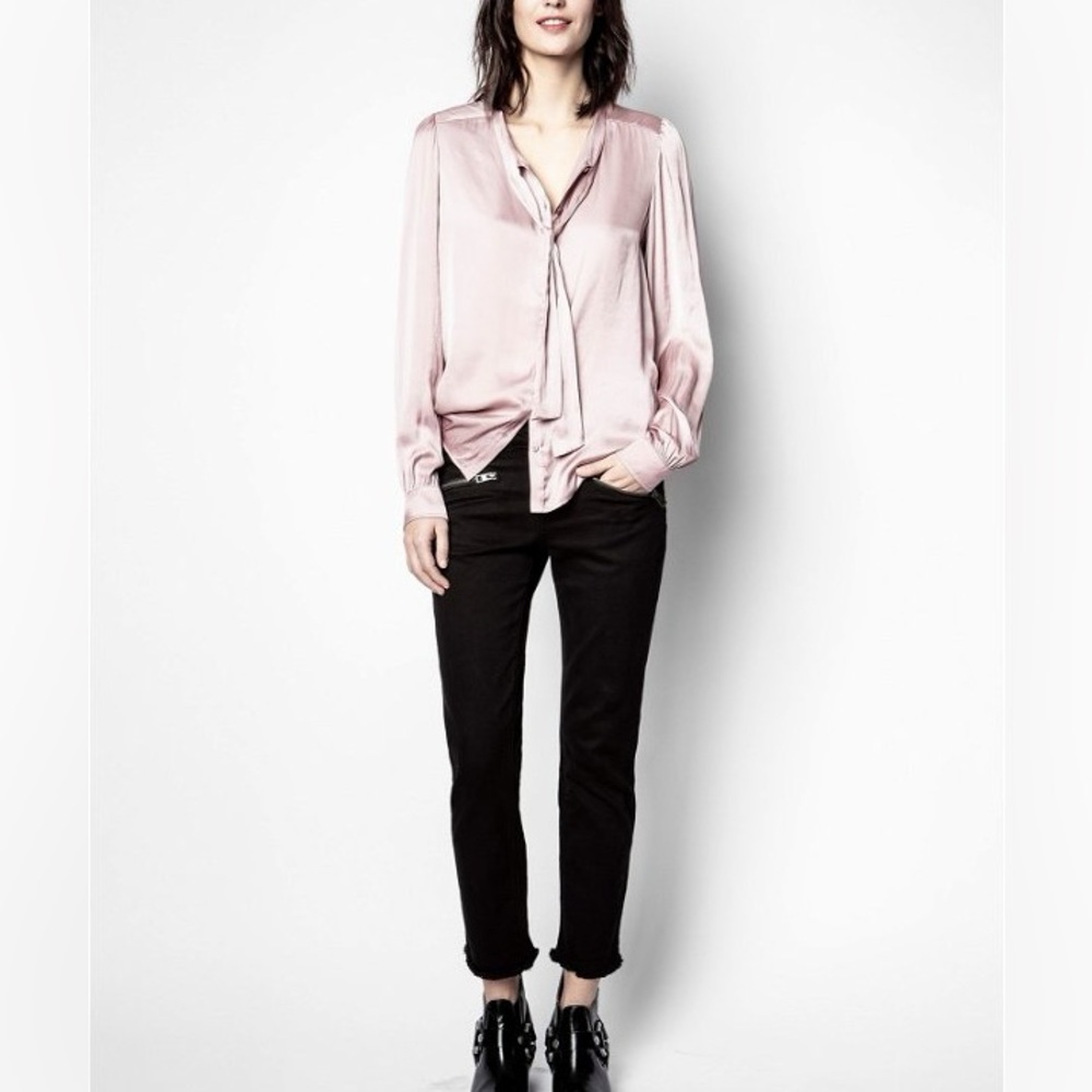 (A11) Zadig & Voltaire Taos Satin Tie Neck Blouse, Purple, Size Large,‎ NWT